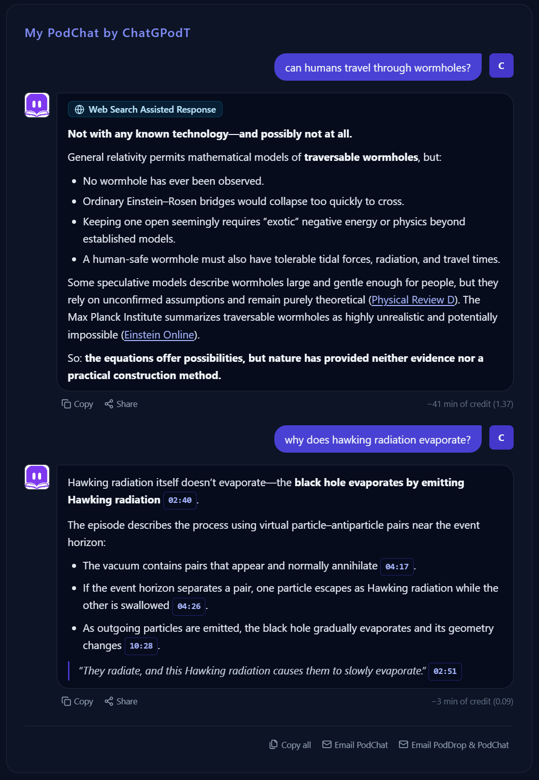 A PodChat conversation with timestamped answers